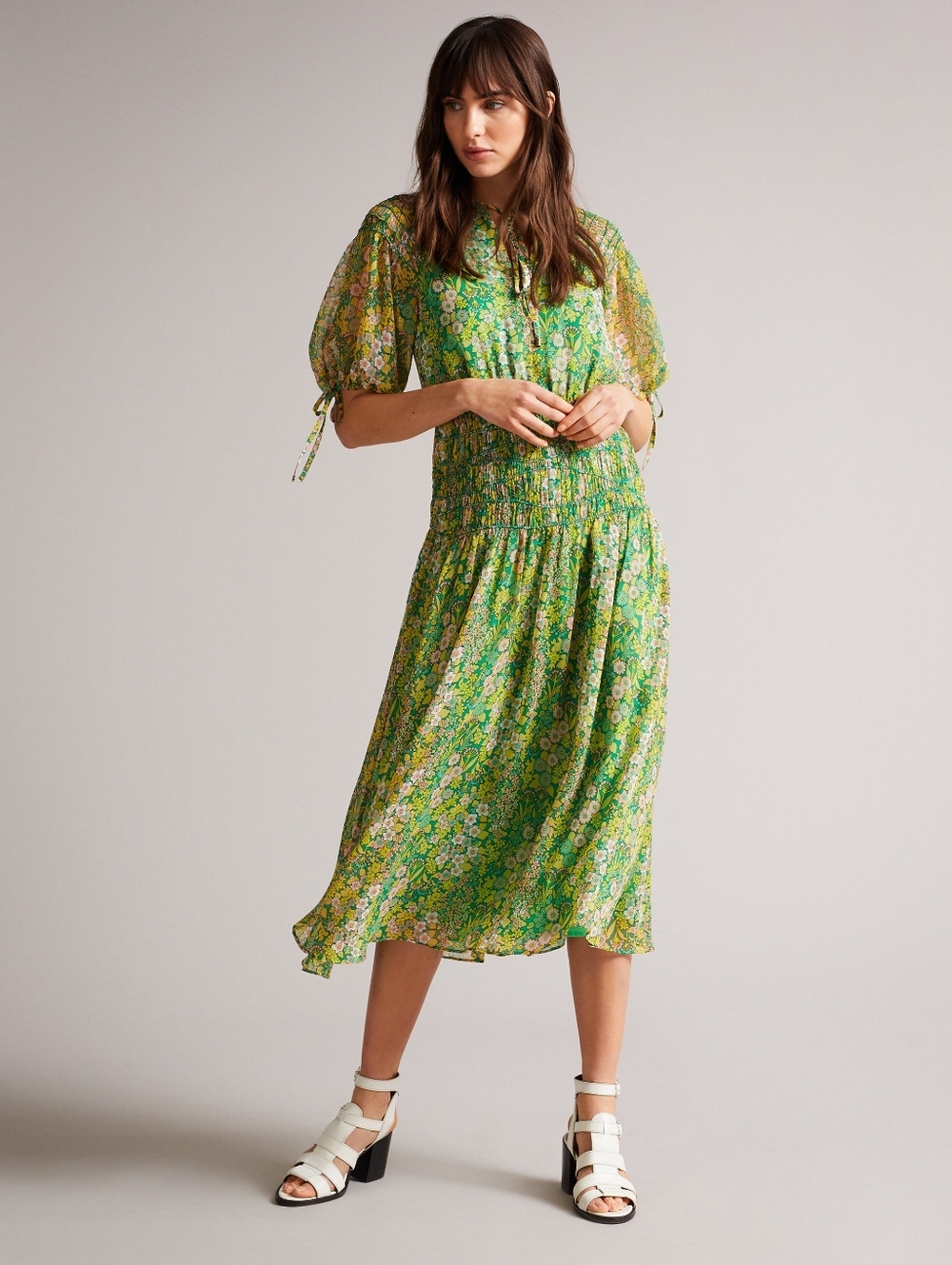 TED BAKER Ursille Floral Dress Midi Smoked Green ASO TV NEW